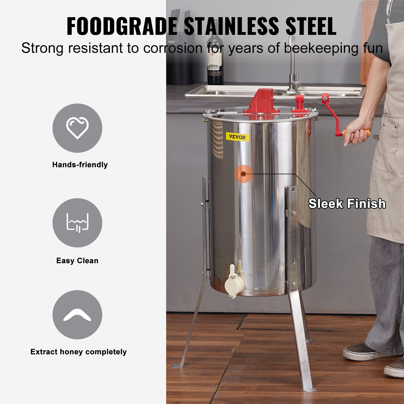 VEVOR honey extractor with food-grade stainless steel, sleek finish, hands-friendly, and easy clean design.