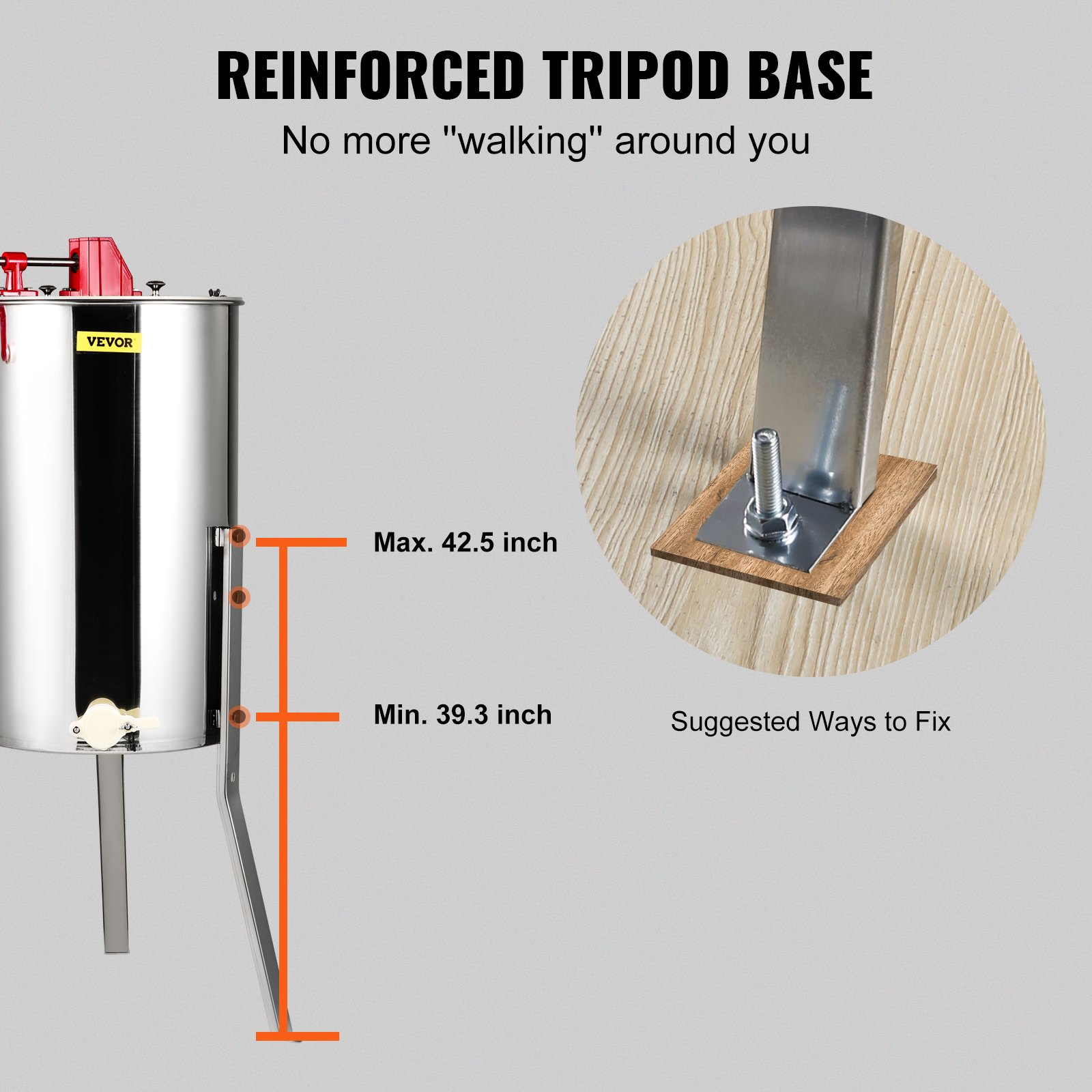 VEVOR honey extractor with reinforced tripod base, adjustable height from 39.3 to 42.5 inches.