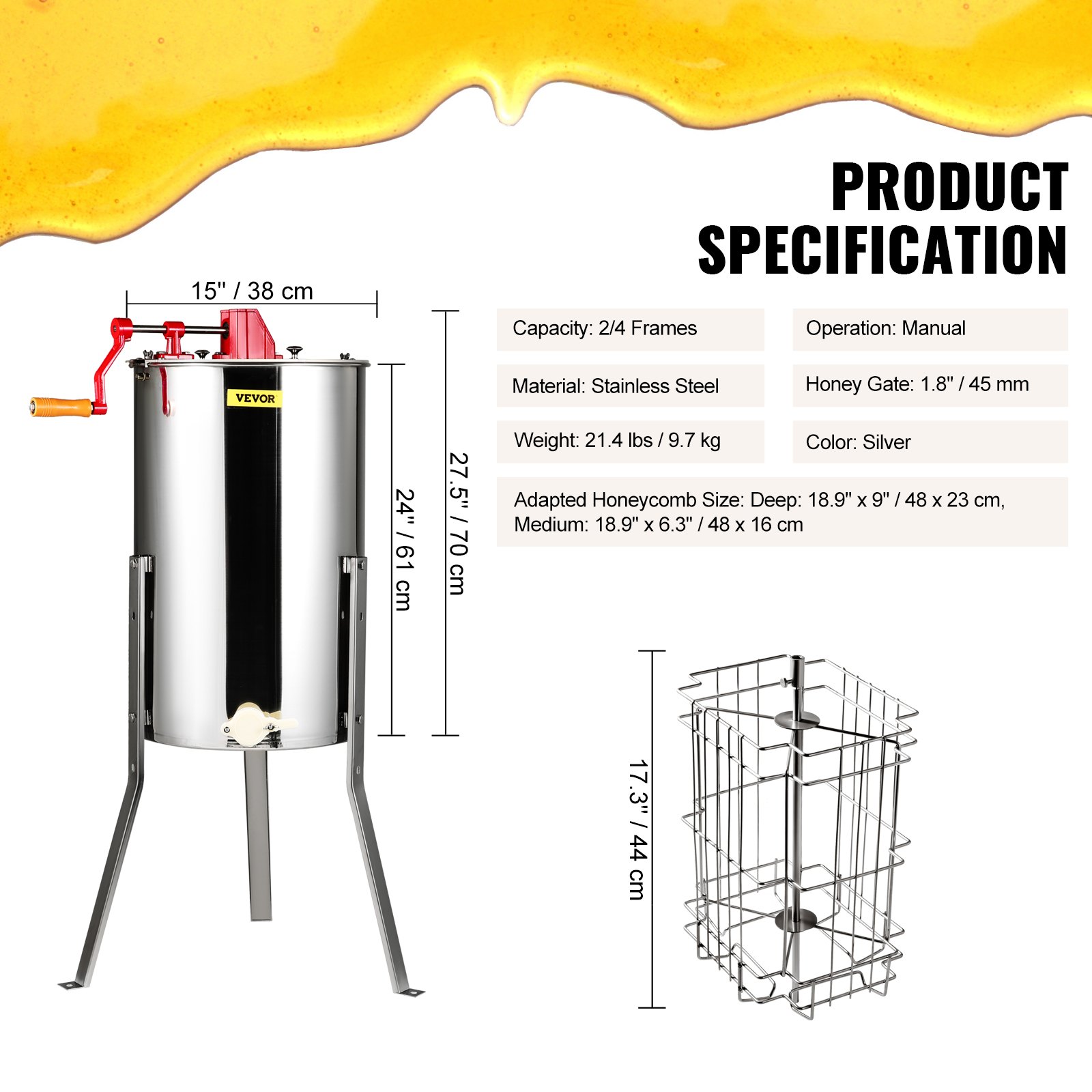 VEVOR honey extractor, stainless steel, 2/4 frame capacity, manual operation, 15&quot;x27.5&quot;x24&quot;.