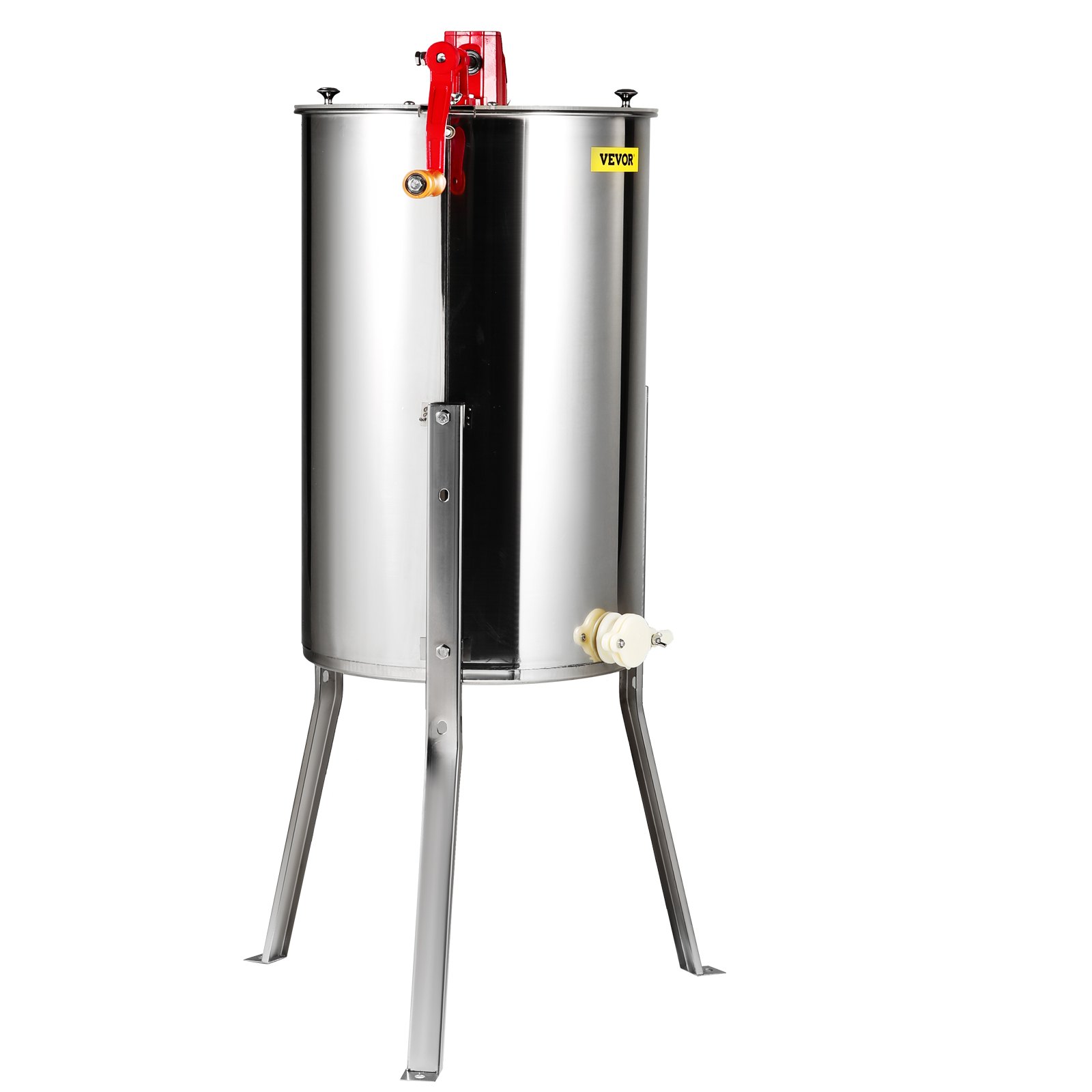 VEVOR honey extractor in stainless steel with a red handle and sturdy legs for beekeeping.