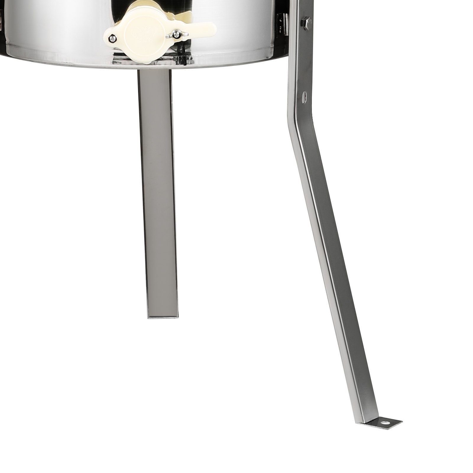stainless steel VEVOR honey extractor on sturdy legs with white honey gate valve.