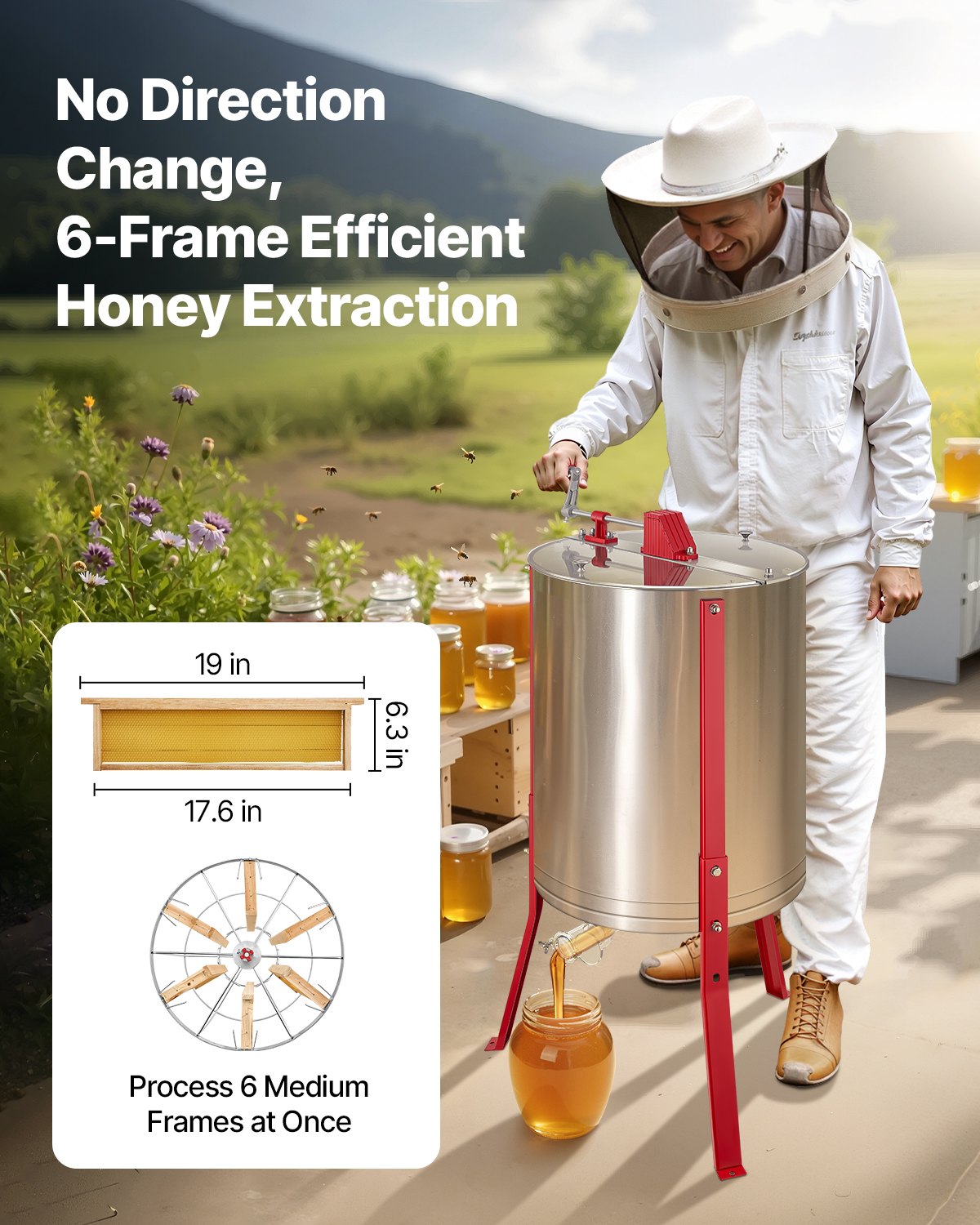 VEVOR Honey Extractor, 6 Frame Manual Honey Spinner with Transparent Lid, Stainless Steel Honeycomb Drum Spinner with Height Adjustable Stand, Honeycomb Extraction Centrifuge Equipment for Beekeeping