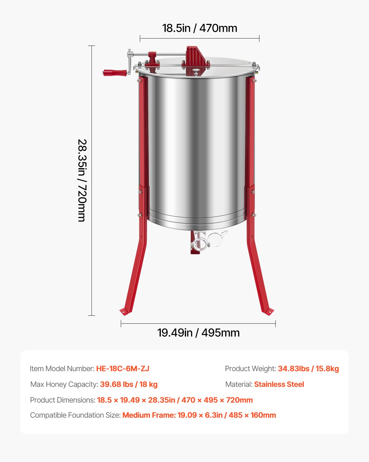 VEVOR Honey Extractor, 6 Frame Manual Honey Spinner with Transparent Lid, Stainless Steel Honeycomb Drum Spinner with Height Adjustable Stand, Honeycomb Extraction Centrifuge Equipment for Beekeeping