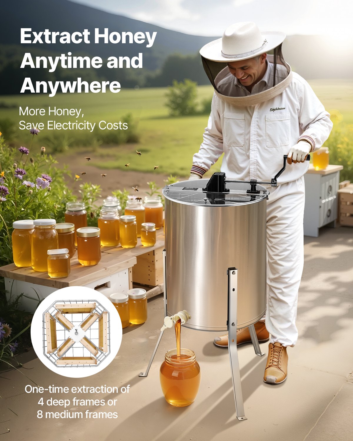 VEVOR Honey Extractor, 4/8 Frame Manual Honey Spinner with Transparent Lid, Stainless Steel Honeycomb Drum Spinner with Height Adjustable Stand, Honeycomb Extraction Equipment for Beekeeping