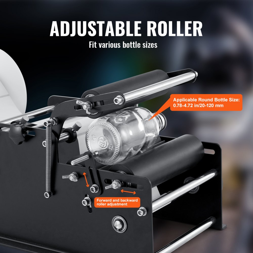VEVOR manual round labeling machine, adjustable roller for various bottle sizes, 0.78-4.72 in/20-120 mm.