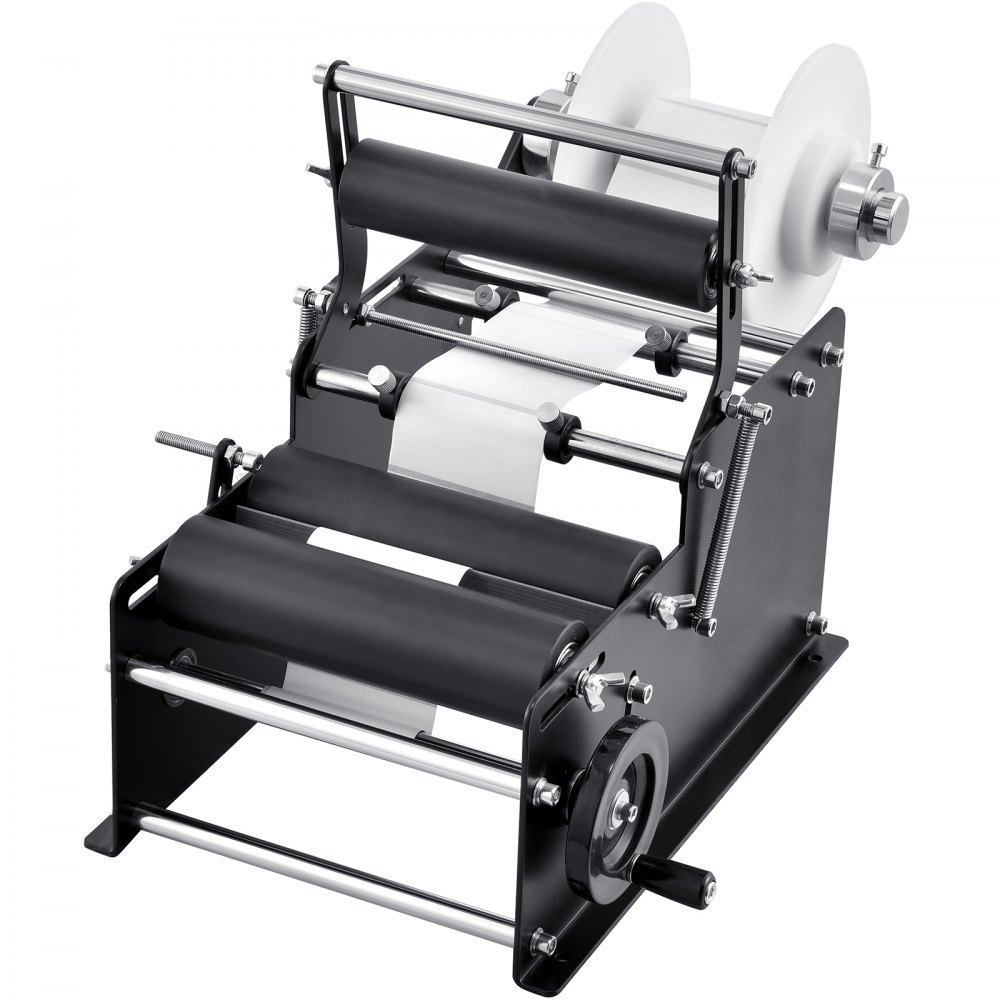 VEVOR manual round labeling machine with a sturdy black frame, rollers, and label spool.