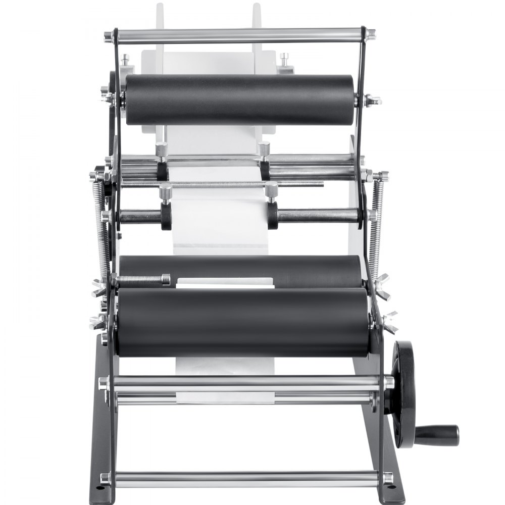 VEVOR manual round labeling machine with metal frame and black rollers, front view.