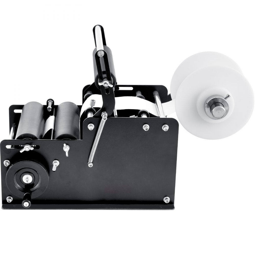 VEVOR manual round labeling machine in black, featuring rollers and a white reel for label dispensing.