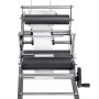 VEVOR manual round labeling machine with metal frame and black rollers, front view.