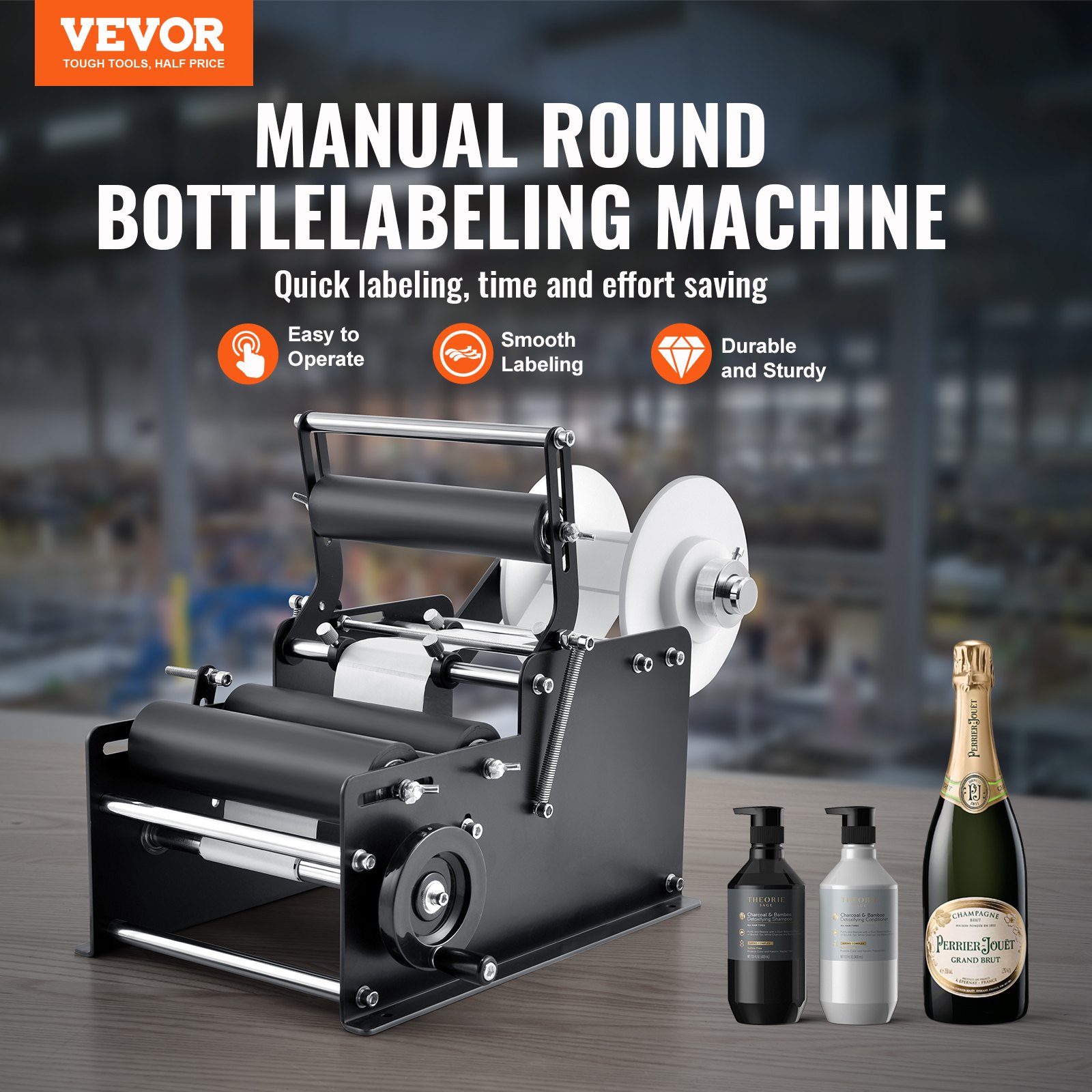 VEVOR manual round labeling machine for quick and smooth bottle labeling, durable and easy to operate.