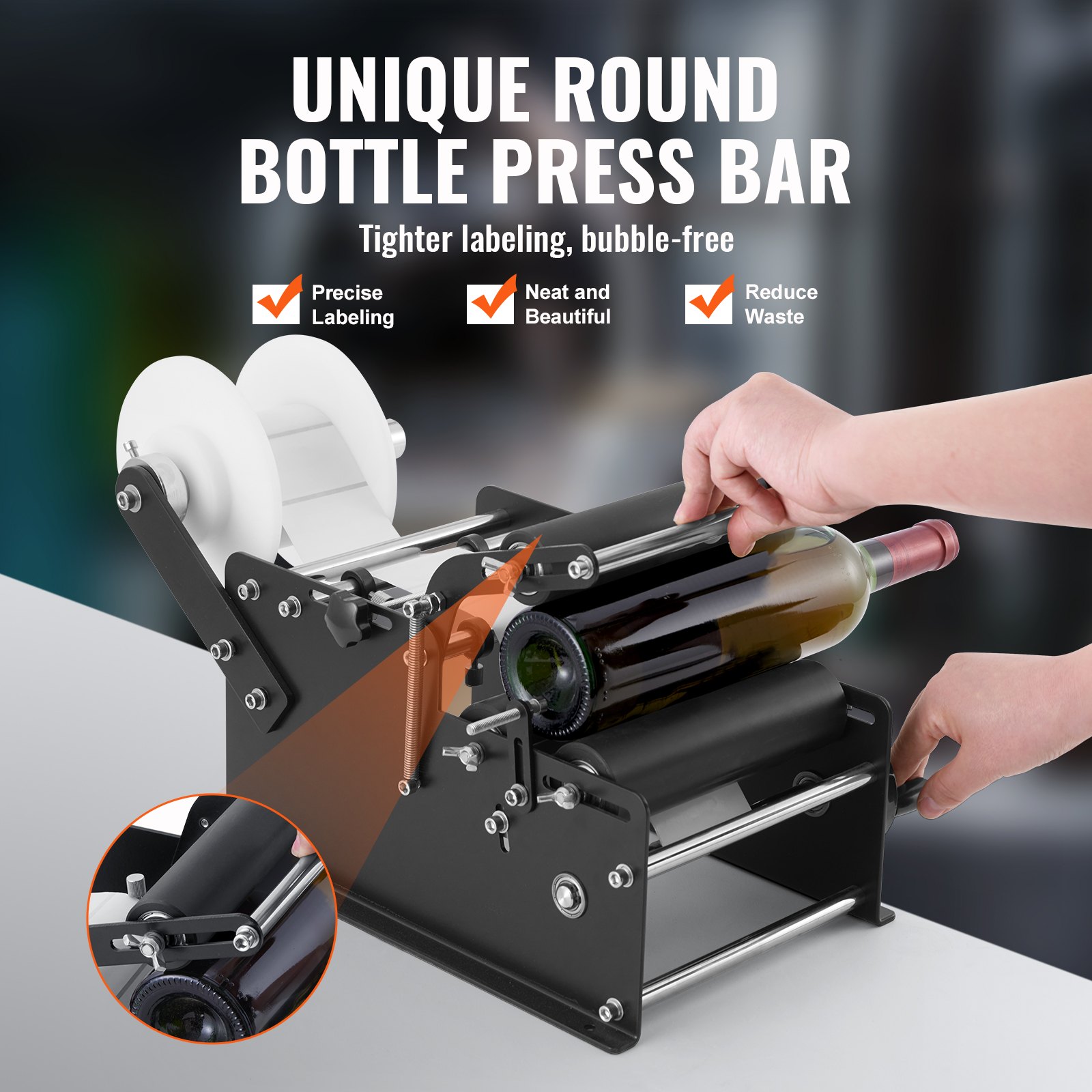 VEVOR manual round labeling machine applying a label to a wine bottle with bubble-free precision.
