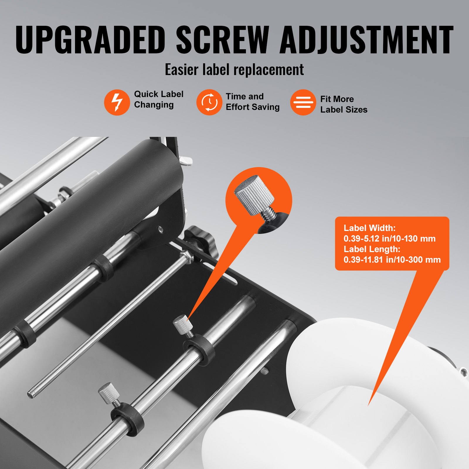 upgraded screw adjustment on VEVOR manual round labeling machine for easier label replacement.