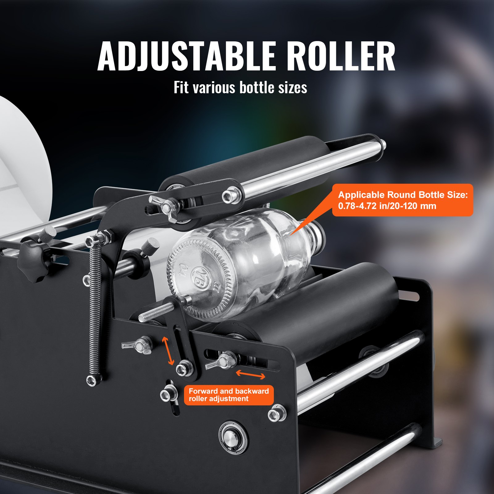 VEVOR manual round labeling machine, adjustable roller for various bottle sizes, 0.78-4.72 in/20-120 mm.
