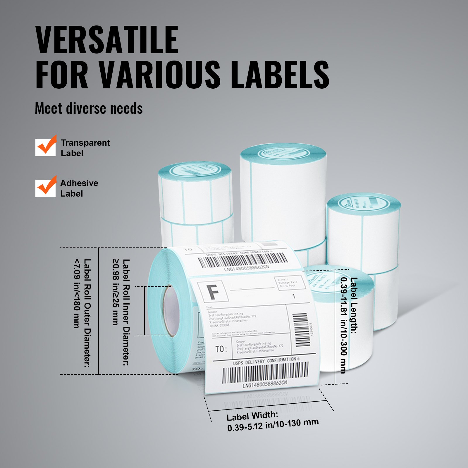 various label rolls of different sizes and dimensions, suitable for use with the VEVOR manual round labeling machine.