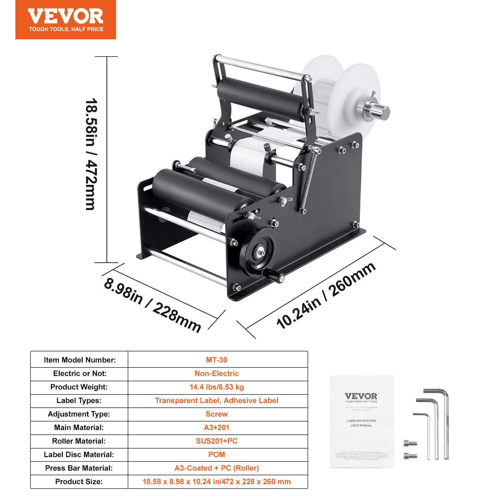 VEVOR manual round labeling machine dimensions, labeled parts, and included tools shown.