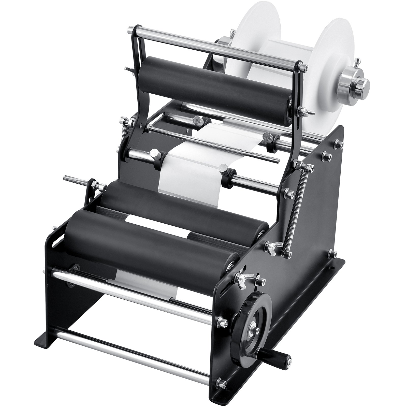 VEVOR manual round labeling machine with a sturdy black frame, rollers, and label spool.