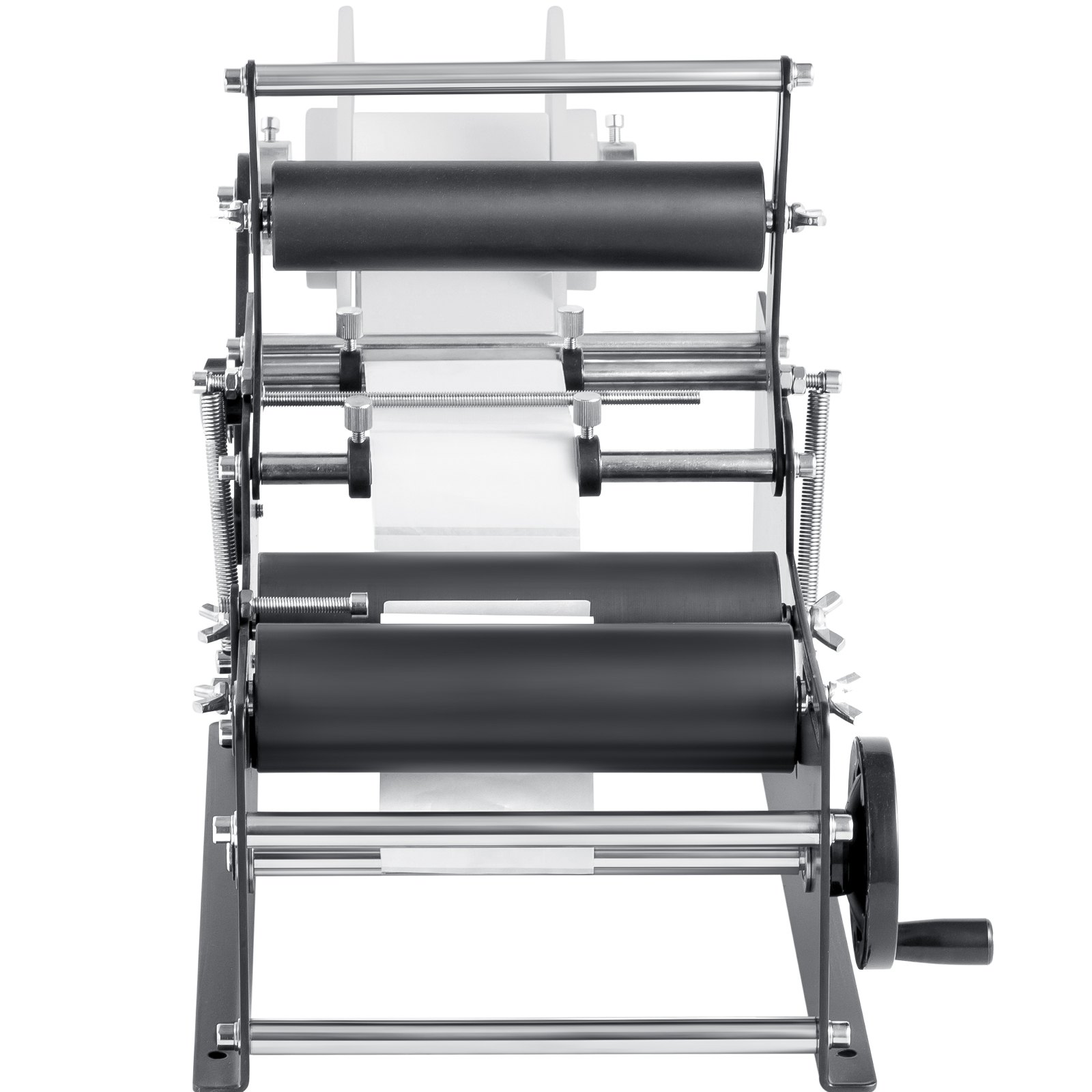 VEVOR manual round labeling machine with metal frame and black rollers, front view.