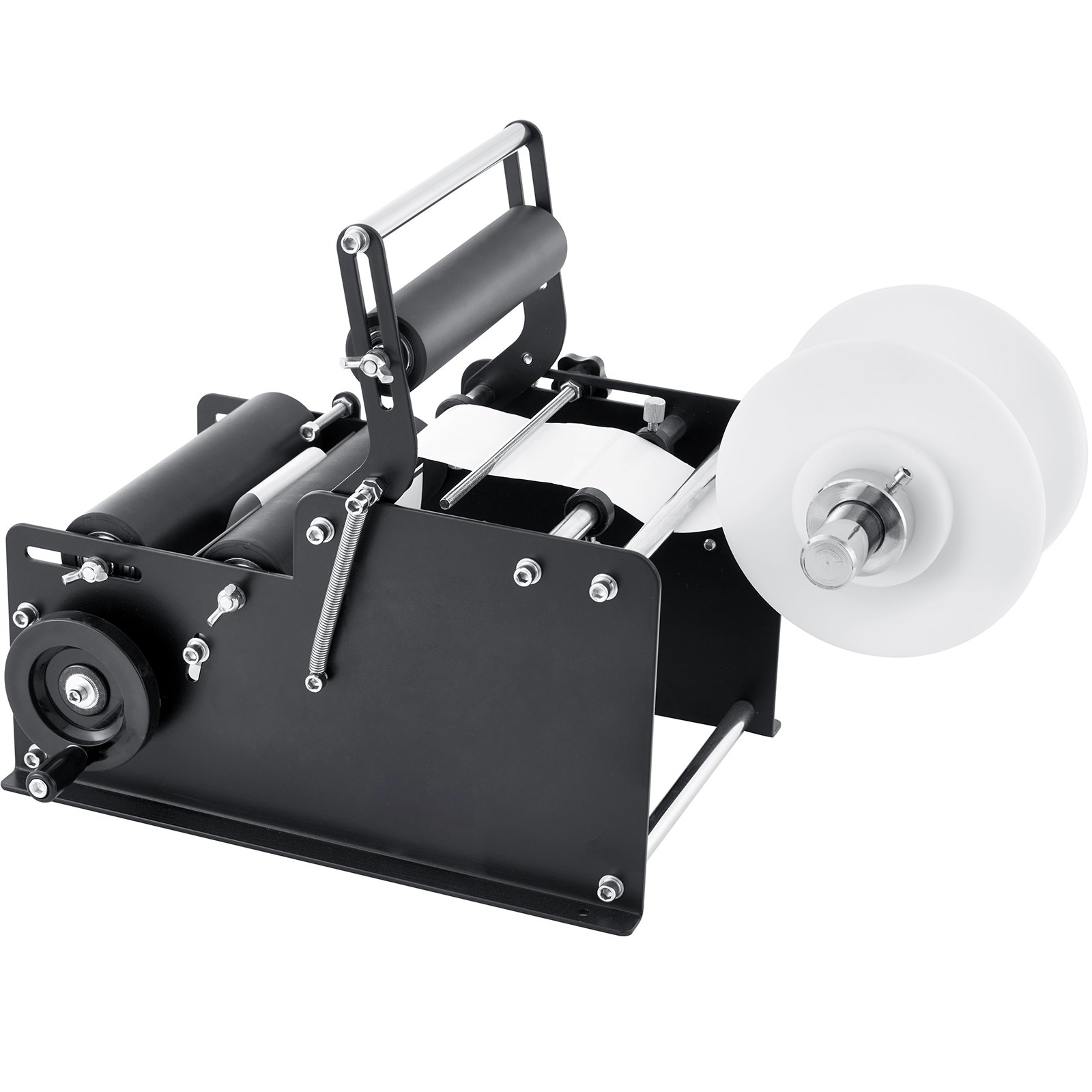 VEVOR manual round labeling machine with black frame and white label spool.