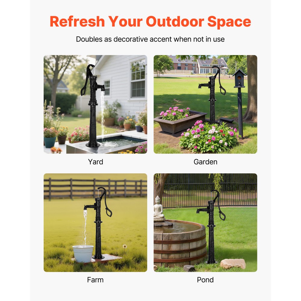 VEVOR Well Hand Pitcher Pump, 20 ft Max Lift, Antique Cast Iron Manual Hand Water Pump with Heightening Base, NPT 1-1/4 in Connection, Easy Installation, for Outdoor Garden, Pond, Yard, Farm, Black