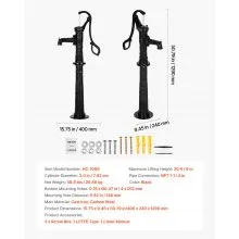 VEVOR Well Hand Pitcher Pump, 20 ft Max Lift, Antique Cast Iron Manual Hand Water Pump with Heightening Base, NPT 1-1/4 in Connection, Easy Installation, for Outdoor Garden, Pond, Yard, Farm, Black