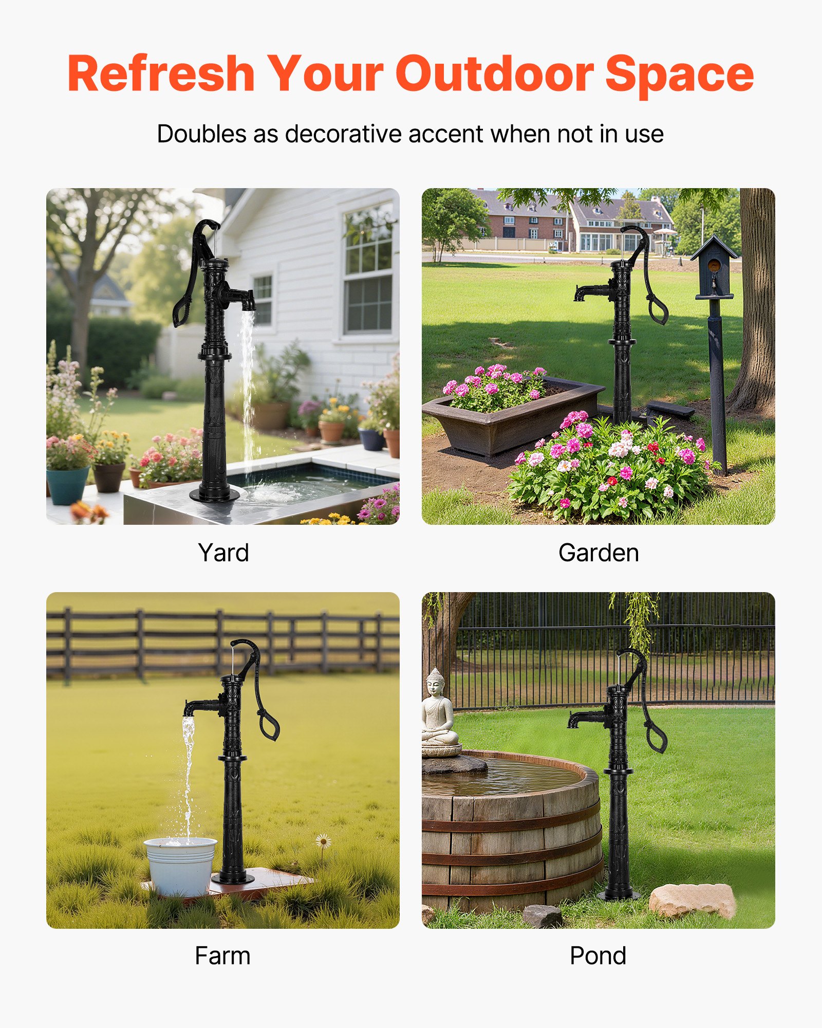 VEVOR Well Hand Pitcher Pump, 20 ft Max Lift, Antique Cast Iron Manual Hand Water Pump with Heightening Base, NPT 1-1/4 in Connection, Easy Installation, for Outdoor Garden, Pond, Yard, Farm, Black