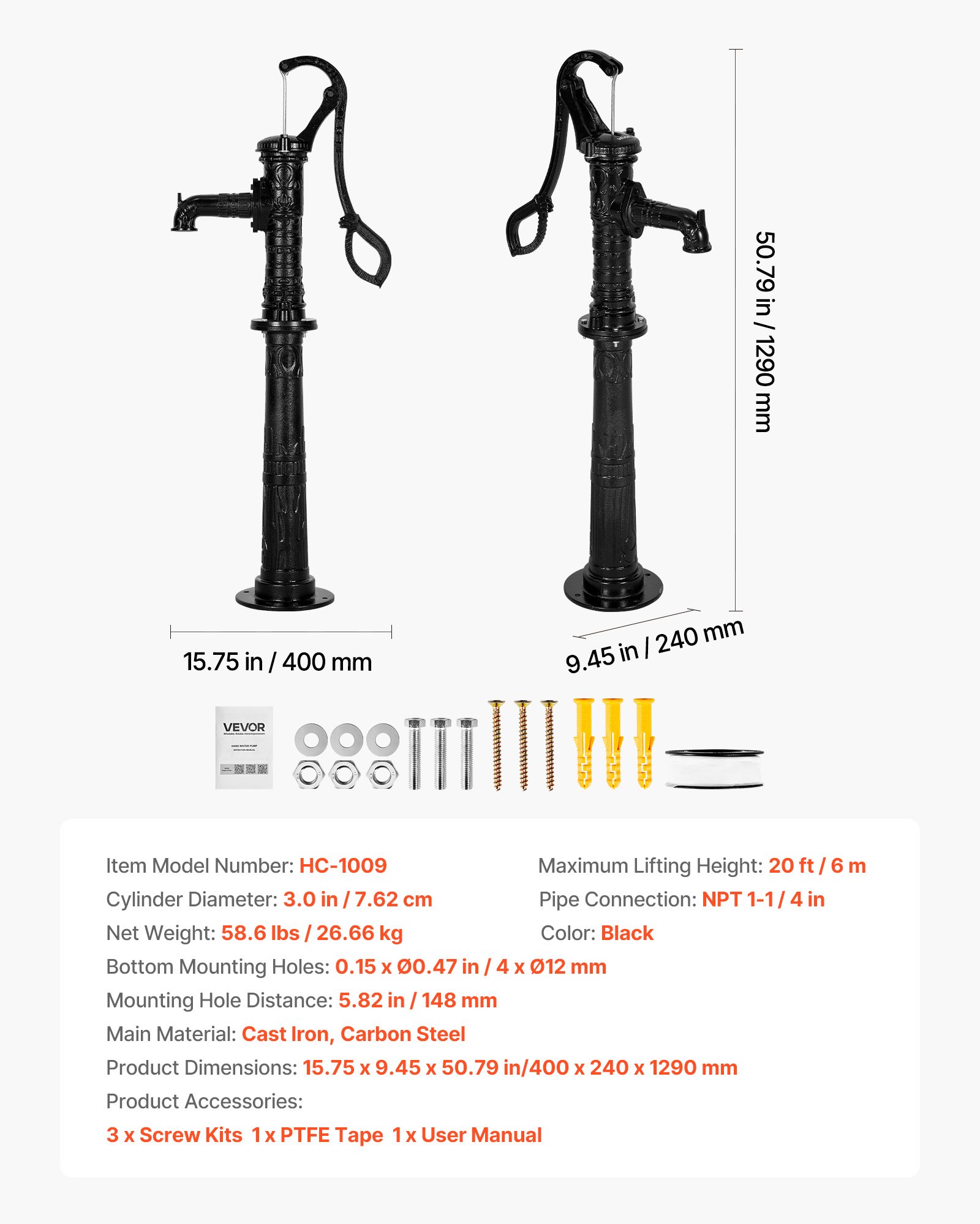 VEVOR Well Hand Pitcher Pump, 20 ft Max Lift, Antique Cast Iron Manual Hand Water Pump with Heightening Base, NPT 1-1/4 in Connection, Easy Installation, for Outdoor Garden, Pond, Yard, Farm, Black