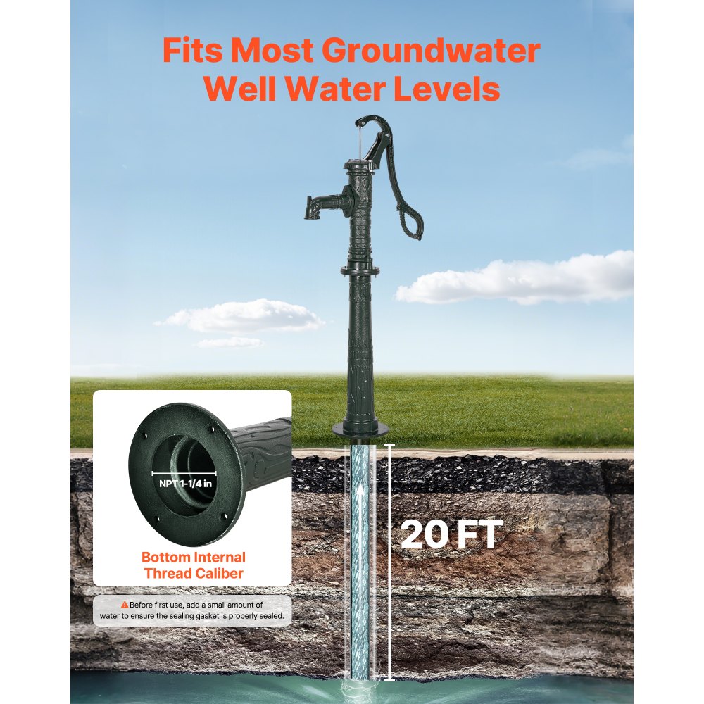 VEVOR Well Hand Pitcher Pump, 20 ft Max Lift, Antique Cast Iron Manual Hand Water Pump with Heightening Base, NPT 1-1/4 in Connection, Easy Installation, for Outdoor Garden, Pond, Yard, Farm, Green
