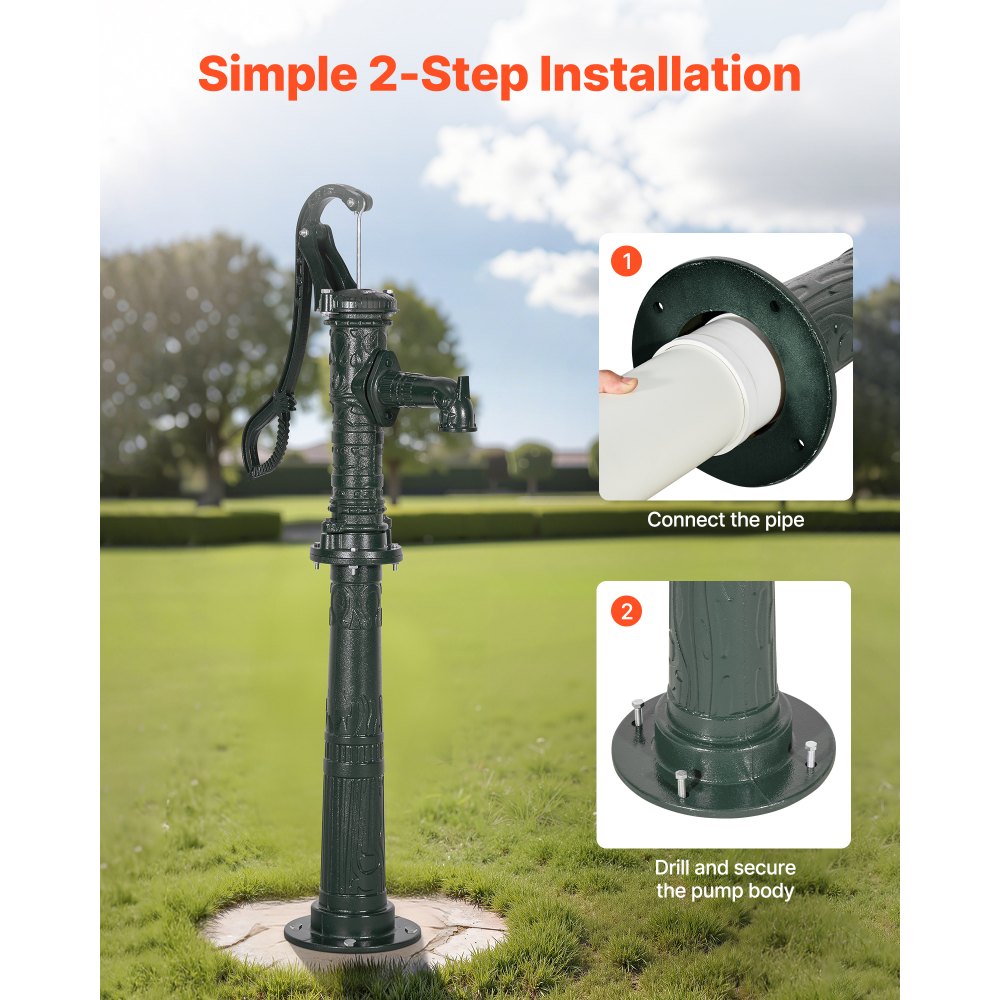 VEVOR Well Hand Pitcher Pump, 20 ft Max Lift, Antique Cast Iron Manual Hand Water Pump with Heightening Base, NPT 1-1/4 in Connection, Easy Installation, for Outdoor Garden, Pond, Yard, Farm, Green