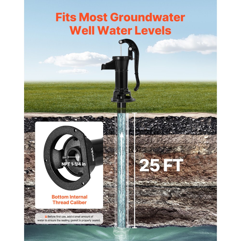 VEVOR Well Hand Pitcher Pump, 25 ft Maximum Lift, Antique Cast Iron Manual Hand Water Pump, NPT 1-1/4 in Connection, Easy Installation, Old Fashioned for Outdoor Garden, Pond, Backyard, Farm, Black