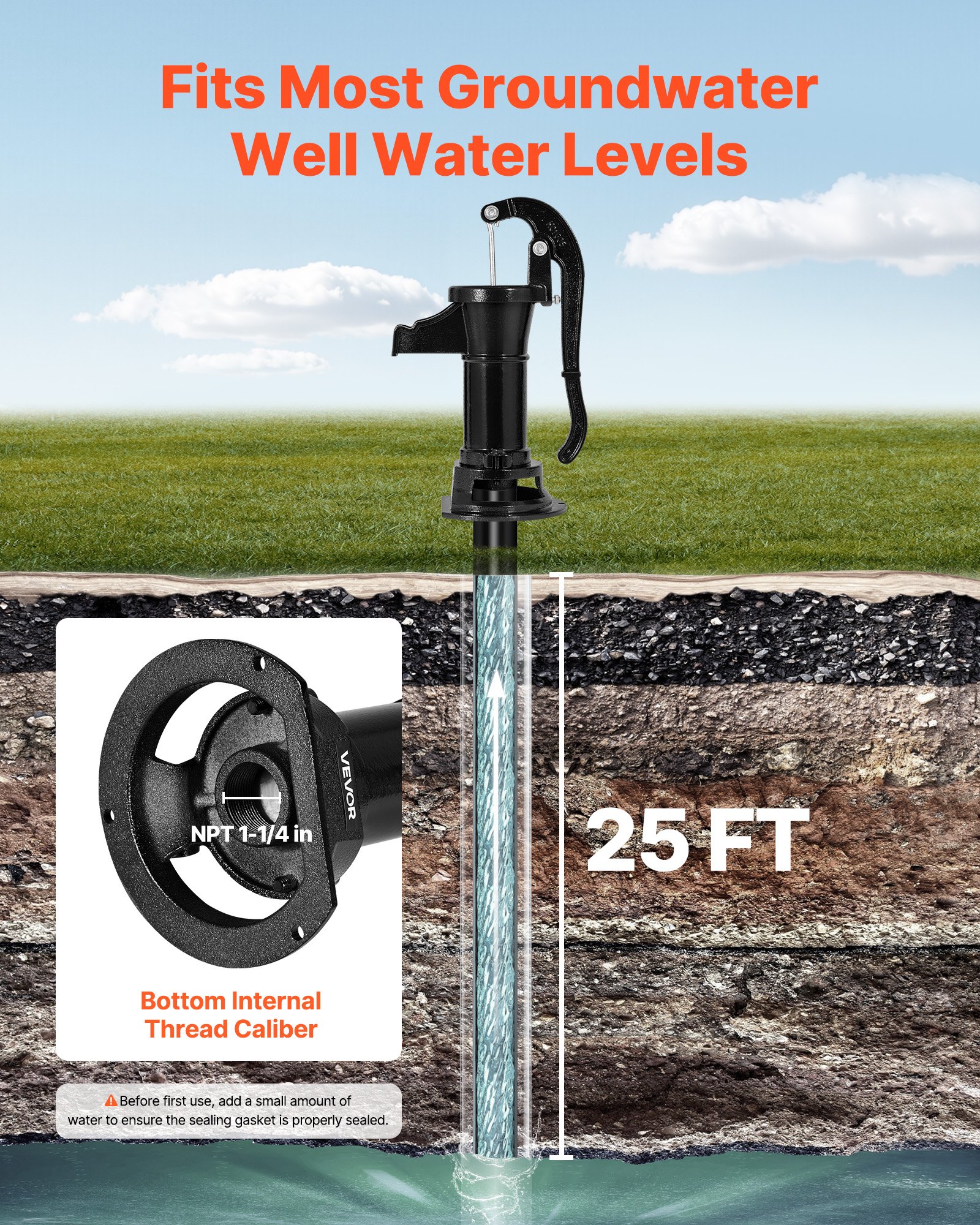 VEVOR Well Hand Pitcher Pump, 25 ft Maximum Lift, Antique Cast Iron Manual Hand Water Pump, NPT 1-1/4 in Connection, Easy Installation, Old Fashioned for Outdoor Garden, Pond, Backyard, Farm, Black