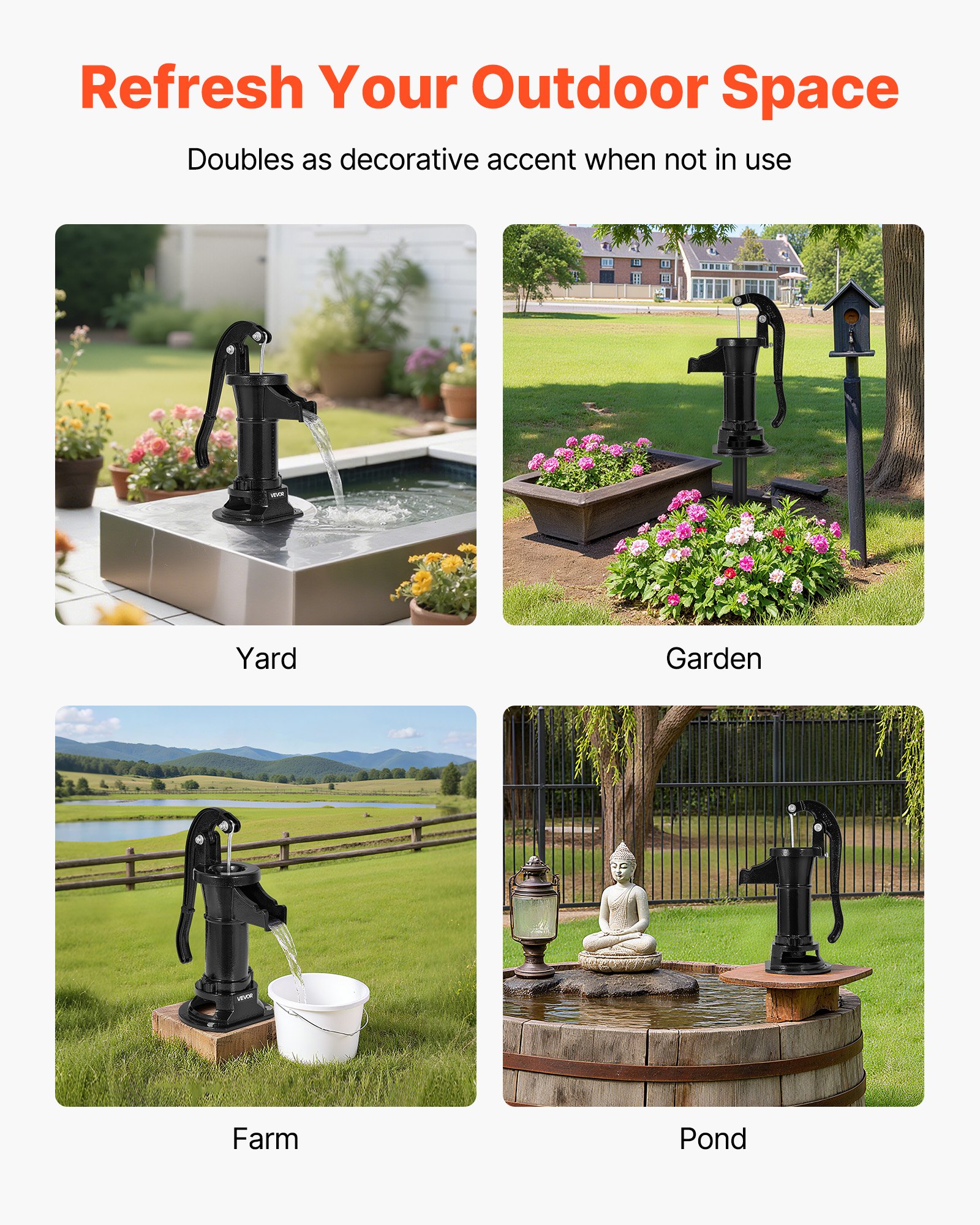VEVOR Well Hand Pitcher Pump, 25 ft Maximum Lift, Antique Cast Iron Manual Hand Water Pump, NPT 1-1/4 in Connection, Easy Installation, Old Fashioned for Outdoor Garden, Pond, Backyard, Farm, Black