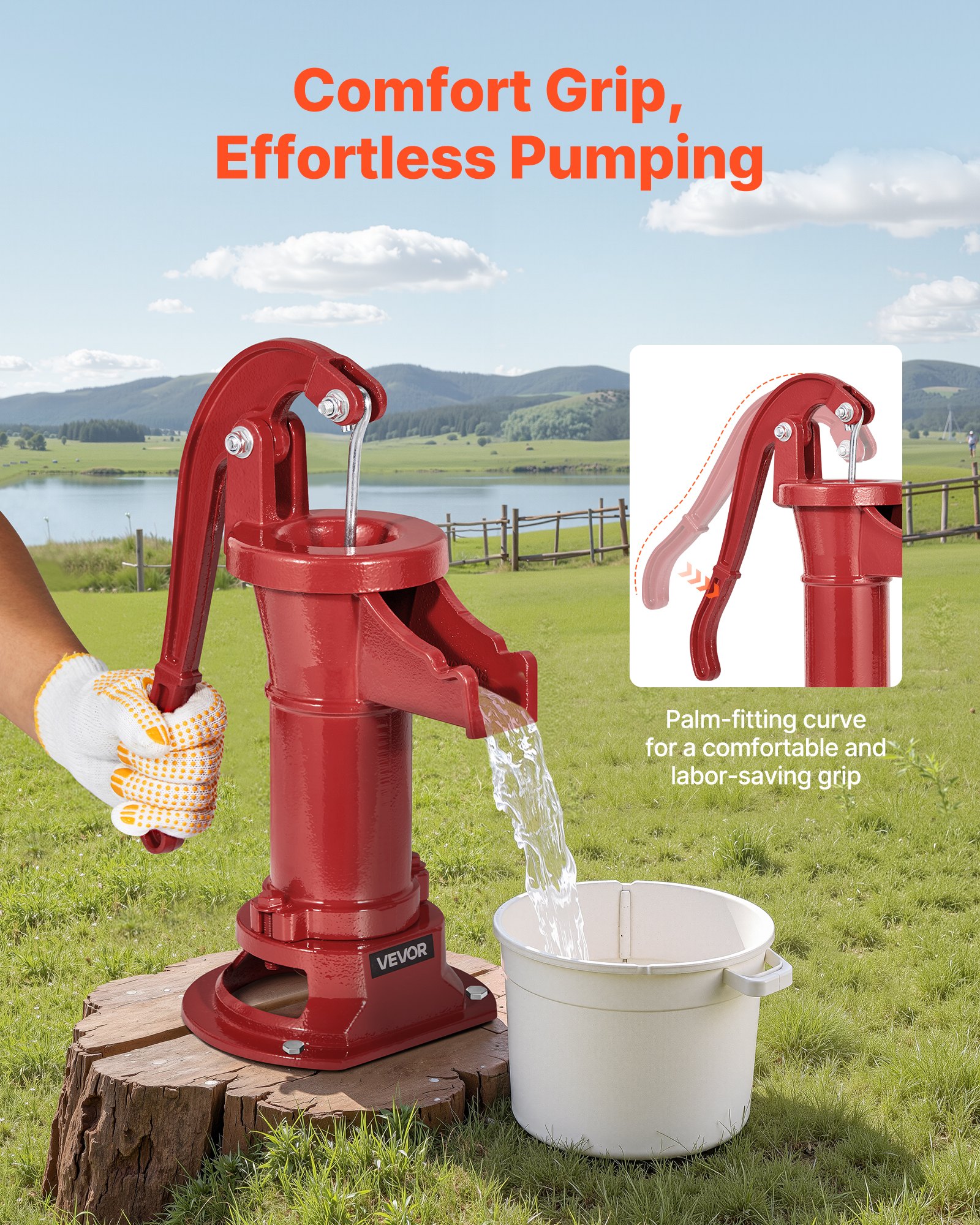 VEVOR Well Hand Pitcher Pump, 25 ft Maximum Lift, Antique Cast Iron Manual Hand Water Pump, NPT 1-1/4 in Connection, Easy Installation, Old Fashioned for Outdoor Garden, Pond, Backyard, Farm, Red