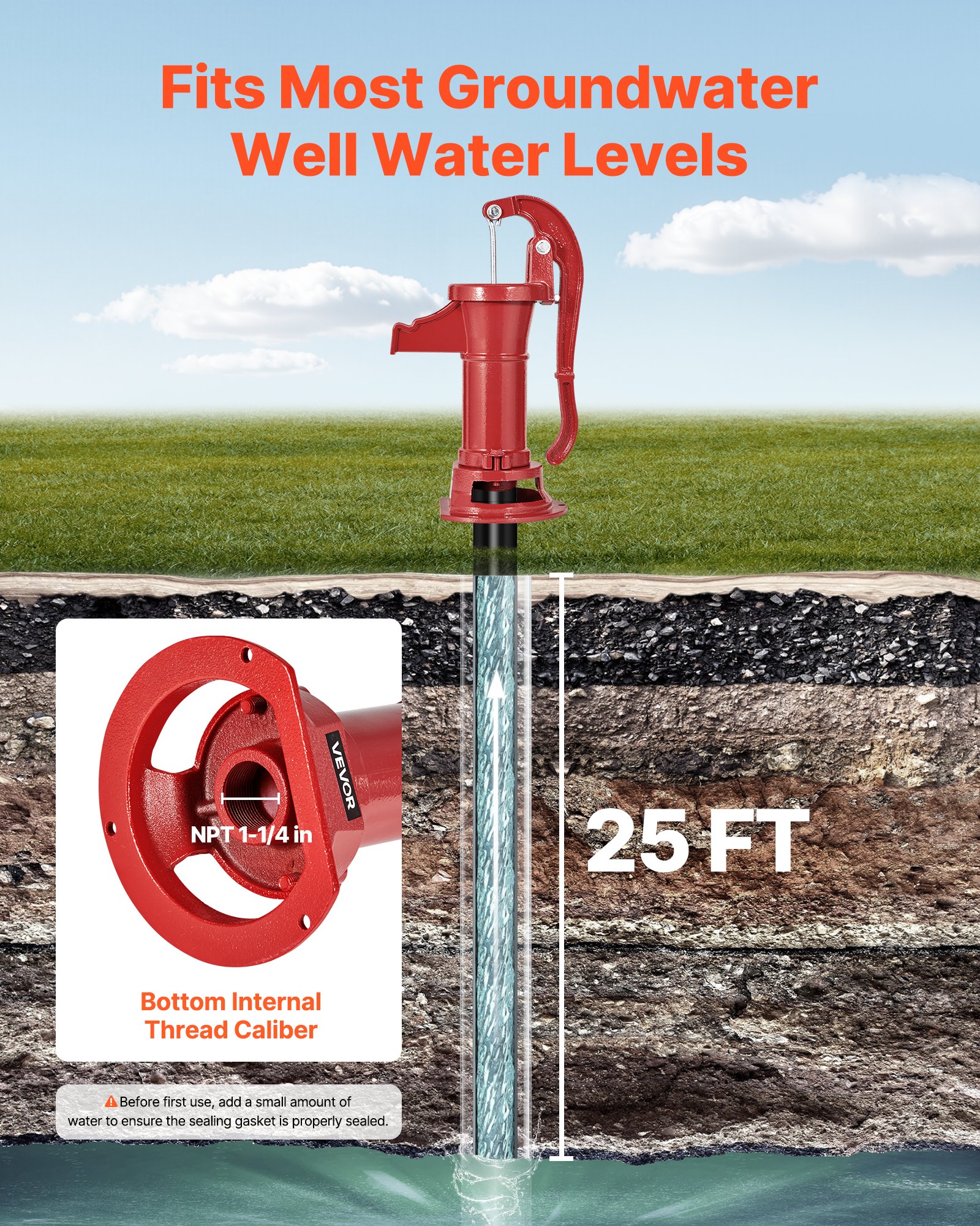 VEVOR Well Hand Pitcher Pump, 25 ft Maximum Lift, Antique Cast Iron Manual Hand Water Pump, NPT 1-1/4 in Connection, Easy Installation, Old Fashioned for Outdoor Garden, Pond, Backyard, Farm, Red