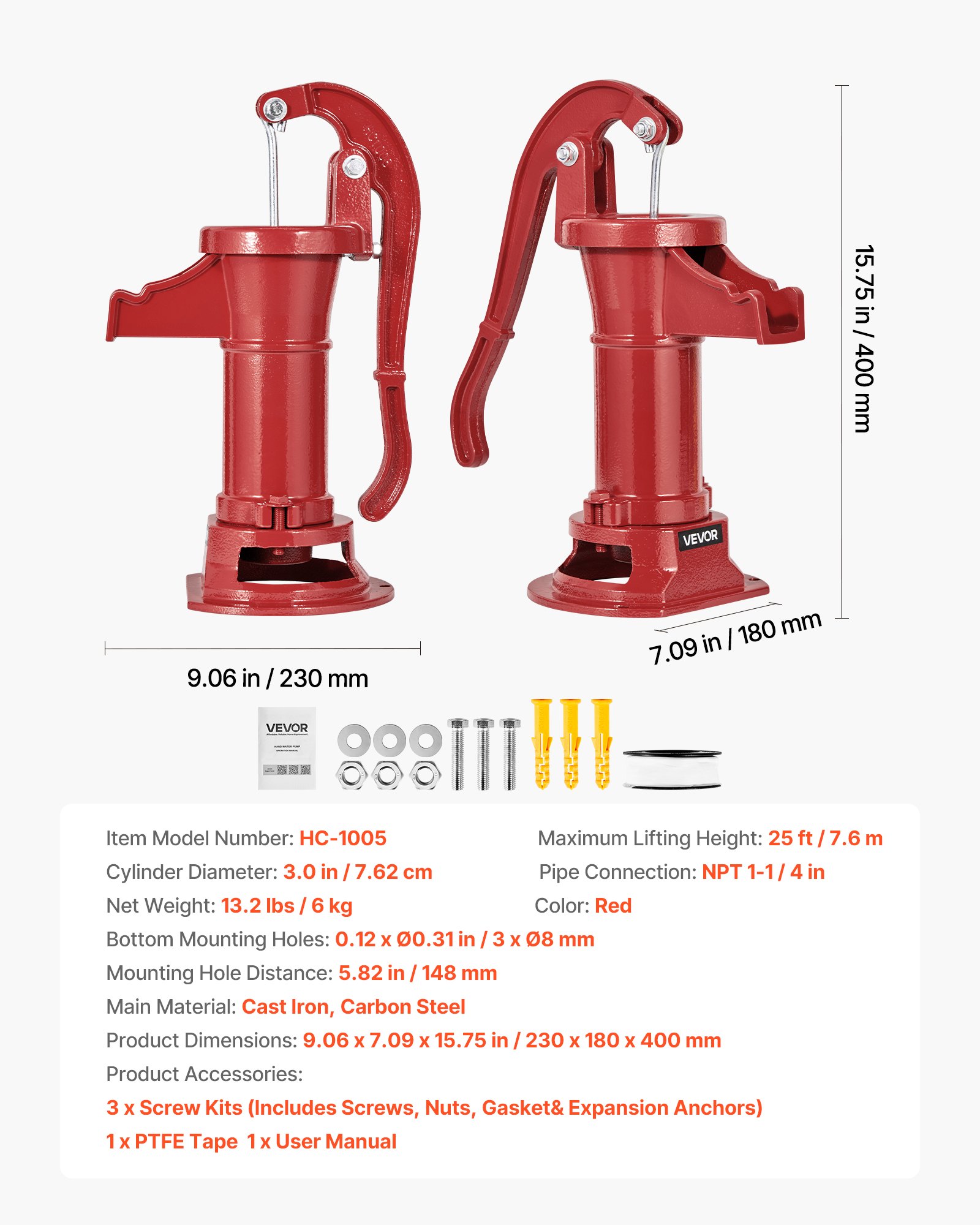 VEVOR Well Hand Pitcher Pump, 25 ft Maximum Lift, Antique Cast Iron Manual Hand Water Pump, NPT 1-1/4 in Connection, Easy Installation, Old Fashioned for Outdoor Garden, Pond, Backyard, Farm, Red