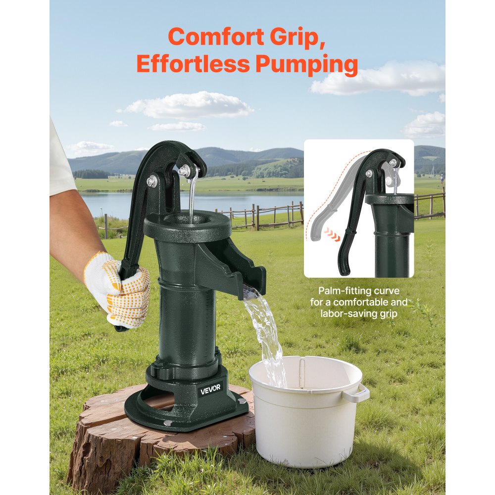 VEVOR Well Hand Pitcher Pump, 25 ft Maximum Lift, Antique Cast Iron Manual Hand Water Pump, NPT 1-1/4 in Connection, Easy Installation, Old Fashioned for Outdoor Garden, Pond, Backyard, Farm, Green