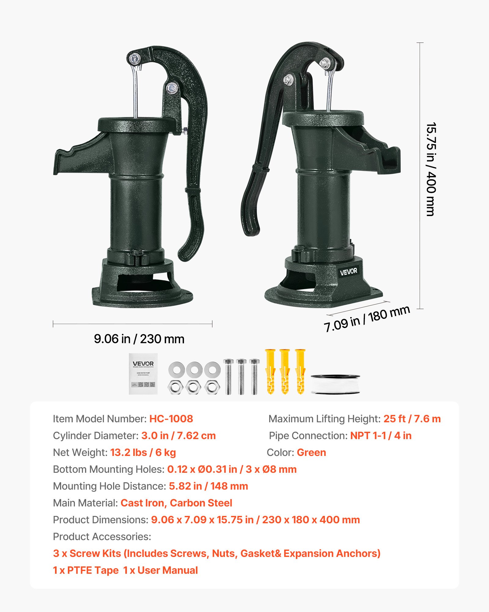 VEVOR Well Hand Pitcher Pump, 25 ft Maximum Lift, Antique Cast Iron Manual Hand Water Pump, NPT 1-1/4 in Connection, Easy Installation, Old Fashioned for Outdoor Garden, Pond, Backyard, Farm, Green