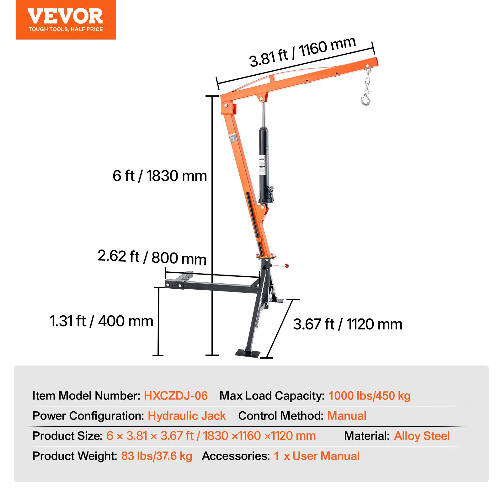 VEVOR Hydraulic Pickup Truck Crane, 1000 lbs Capacity, 360° Swivel, Hitch Mounted Crane with Three Boom Capacities of 500 lbs, 750 lbs & 1000 lbs, for Lifting Goods in Construction, Forestry, Factory
