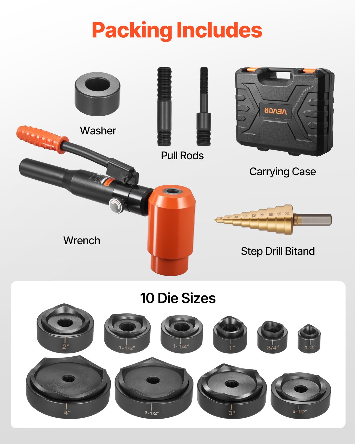 VEVOR Knockout Punch Set, 15 Ton Hydraulic Knockout Set, 1/2" to 4" KO Tool Kit Hole Making Tool, KO Tools Kit W/10 Dies for Metal Electrical Cabinets, Electrical Control Cabinets, Switch Cabinets