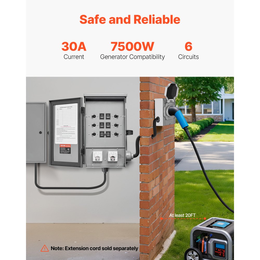 VEVOR Manual Transfer Switch, 30-Amp 6-Circuit, Prewired Generator Transfer Switch Kit with NEMA L14-30P Power Inlet Box, Double-Throw Switch, NEMA 3R, Mechanical Watt Meter, for 7500W Generators