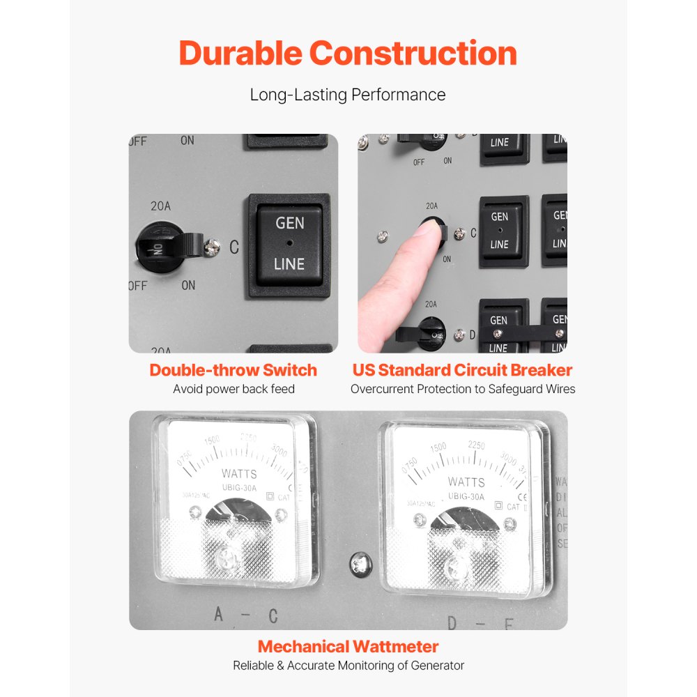 VEVOR Manual Transfer Switch, 30-Amp 6-Circuit, Prewired Generator Transfer Switch Kit with NEMA L14-30P Power Inlet Box, Double-Throw Switch, NEMA 3R, Mechanical Watt Meter, for 7500W Generators