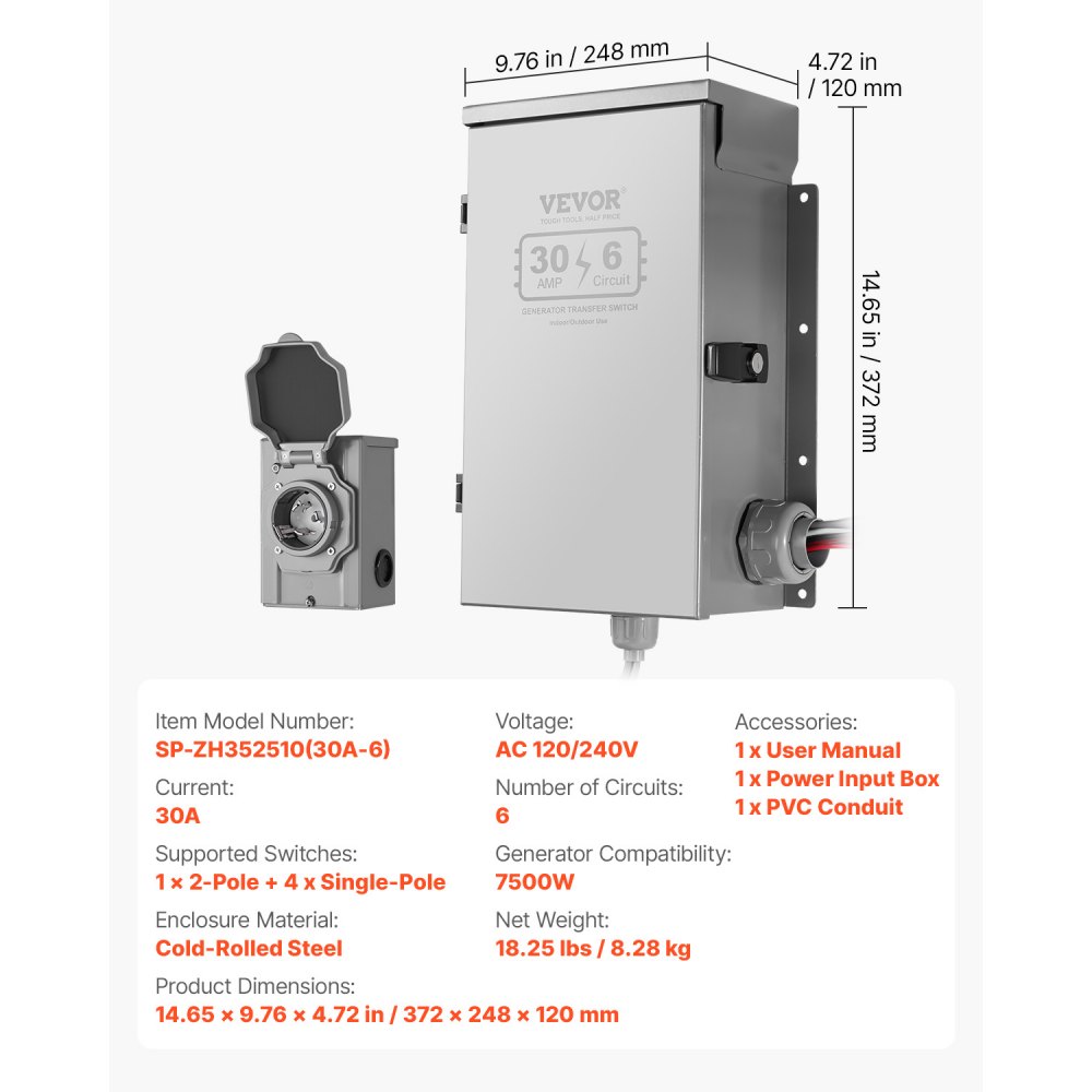 VEVOR Manual Transfer Switch, 30-Amp 6-Circuit, Prewired Generator Transfer Switch Kit with NEMA L14-30P Power Inlet Box, Double-Throw Switch, NEMA 3R, Mechanical Watt Meter, for 7500W Generators