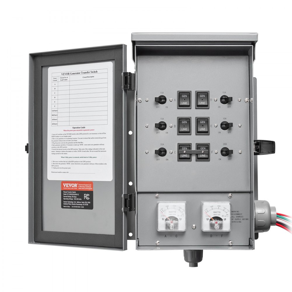 VEVOR Manual Transfer Switch, 30-Amp 6-Circuit, Prewired Generator Transfer Switch Kit with NEMA L14-30P Power Inlet Box, Double-Throw Switch, NEMA 3R, Mechanical Watt Meter, for 7500W Generators