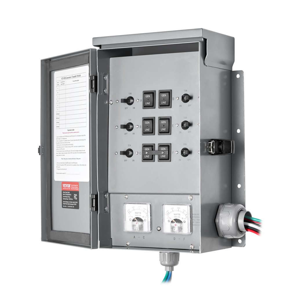 VEVOR Manual Transfer Switch, 30-Amp 6-Circuit, Prewired Generator Transfer Switch Kit with NEMA L14-30P Power Inlet Box, Double-Throw Switch, NEMA 3R, Mechanical Watt Meter, for 7500W Generators