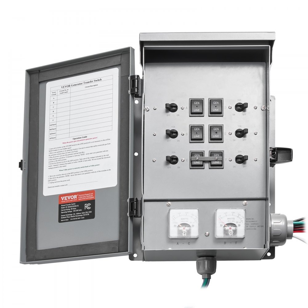 VEVOR Manual Transfer Switch, 30-Amp 6-Circuit, Prewired Generator Transfer Switch Kit with NEMA L14-30P Power Inlet Box, Double-Throw Switch, NEMA 3R, Mechanical Watt Meter, for 7500W Generators