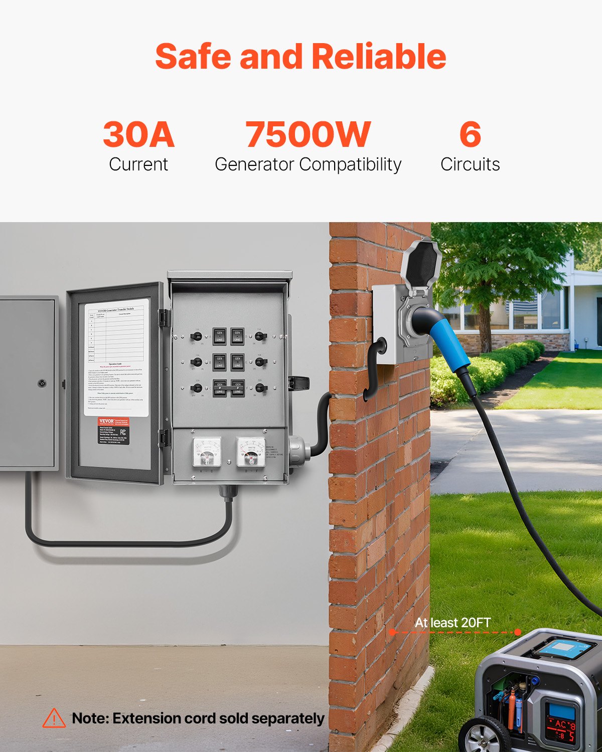 VEVOR Manual Transfer Switch, 30-Amp 6-Circuit, Prewired Generator Transfer Switch Kit with NEMA L14-30P Power Inlet Box, Double-Throw Switch, NEMA 3R, Mechanical Watt Meter, for 7500W Generators
