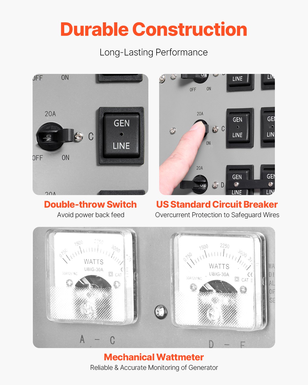VEVOR Manual Transfer Switch, 30-Amp 6-Circuit, Prewired Generator Transfer Switch Kit with NEMA L14-30P Power Inlet Box, Double-Throw Switch, NEMA 3R, Mechanical Watt Meter, for 7500W Generators