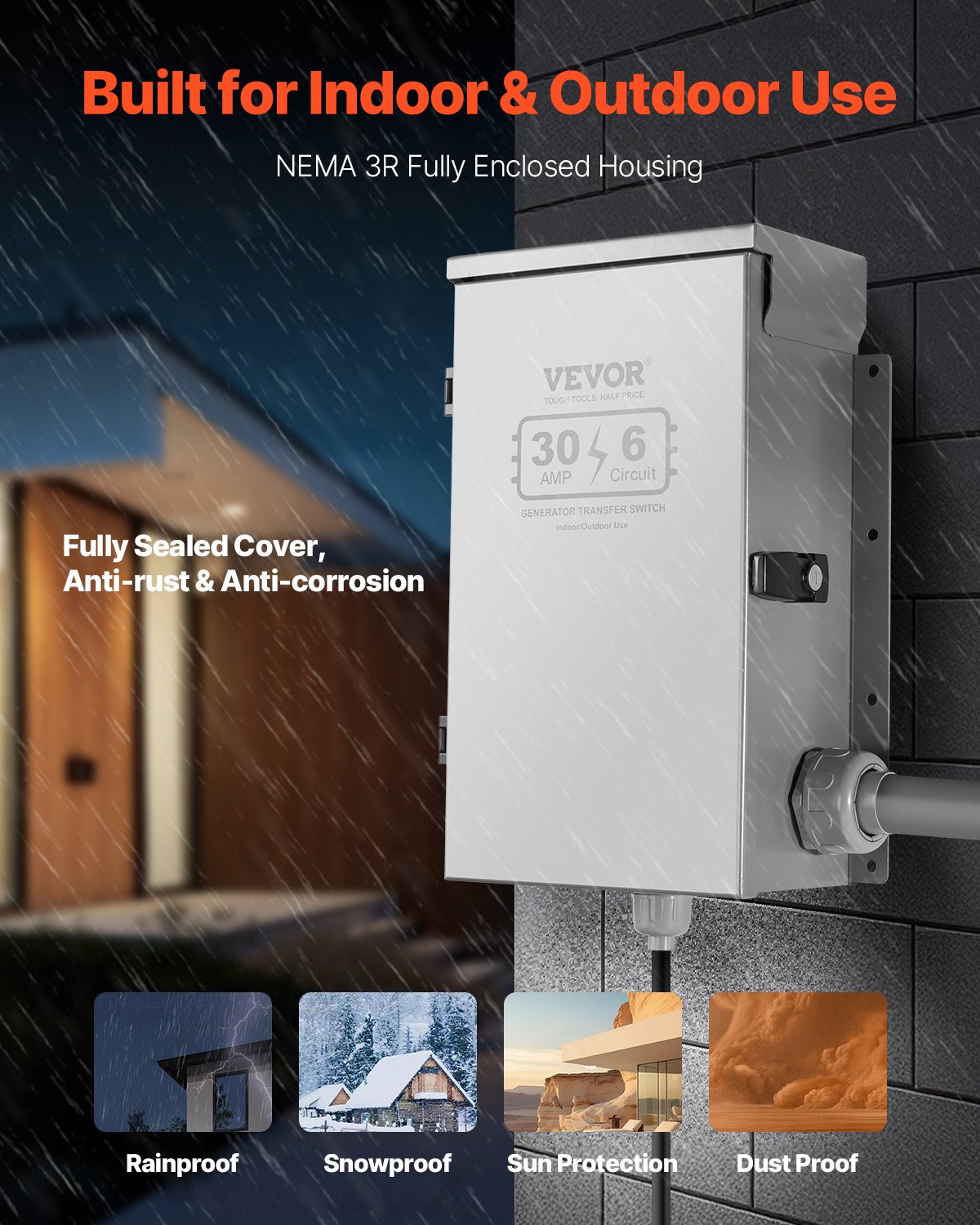 VEVOR Manual Transfer Switch, 30-Amp 6-Circuit, Prewired Generator Transfer Switch Kit with NEMA L14-30P Power Inlet Box, Double-Throw Switch, NEMA 3R, Mechanical Watt Meter, for 7500W Generators