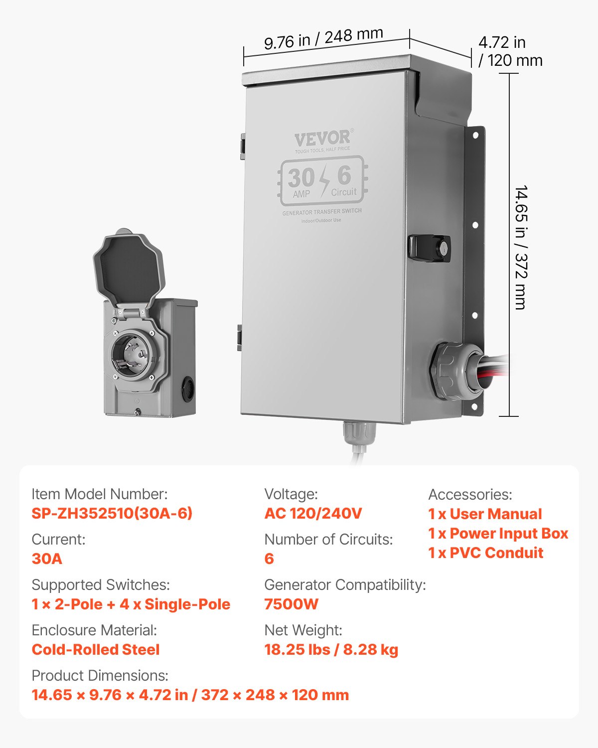 VEVOR Manual Transfer Switch, 30-Amp 6-Circuit, Prewired Generator Transfer Switch Kit with NEMA L14-30P Power Inlet Box, Double-Throw Switch, NEMA 3R, Mechanical Watt Meter, for 7500W Generators
