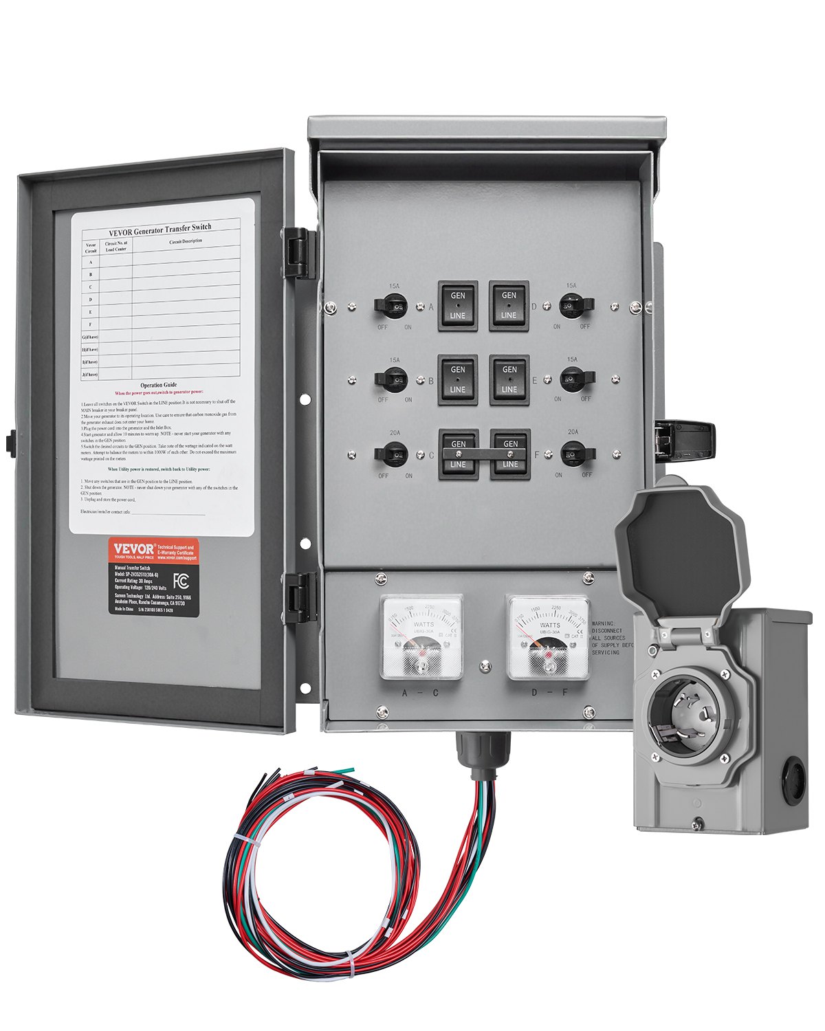 VEVOR Manual Transfer Switch, 30-Amp 6-Circuit, Prewired Generator Transfer Switch Kit with NEMA L14-30P Power Inlet Box, Double-Throw Switch, NEMA 3R, Mechanical Watt Meter, for 7500W Generators
