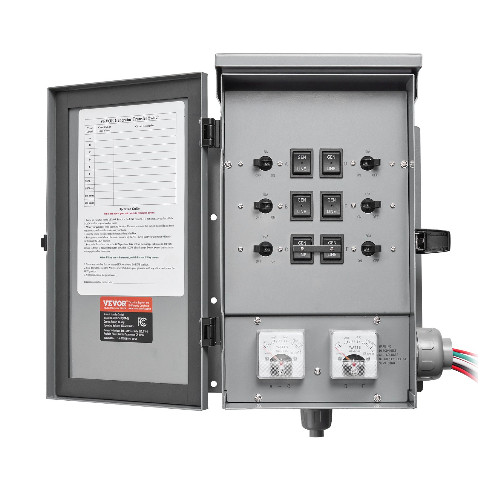 VEVOR Manual Transfer Switch, 30-Amp 6-Circuit, Prewired Generator Transfer Switch Kit with NEMA L14-30P Power Inlet Box, Double-Throw Switch, NEMA 3R, Mechanical Watt Meter, for 7500W Generators